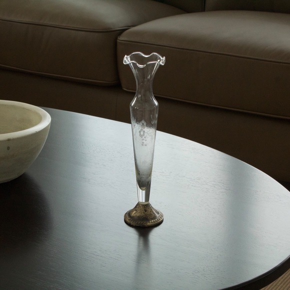 Vintage Duchin Creation Bud Vase Etched Floral Glass Sterling Silver Base - Picture 6 of 6